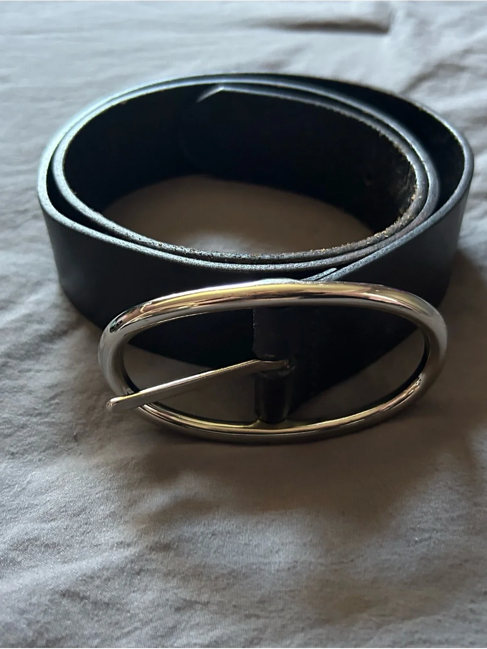 Women’s Black Leather Belt with Silver Oval Buckle